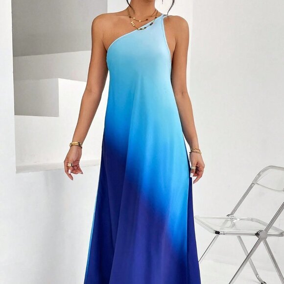 . Dresses & Skirts - Blue Casual Womens Ombre One Shoulder Maxi Dress